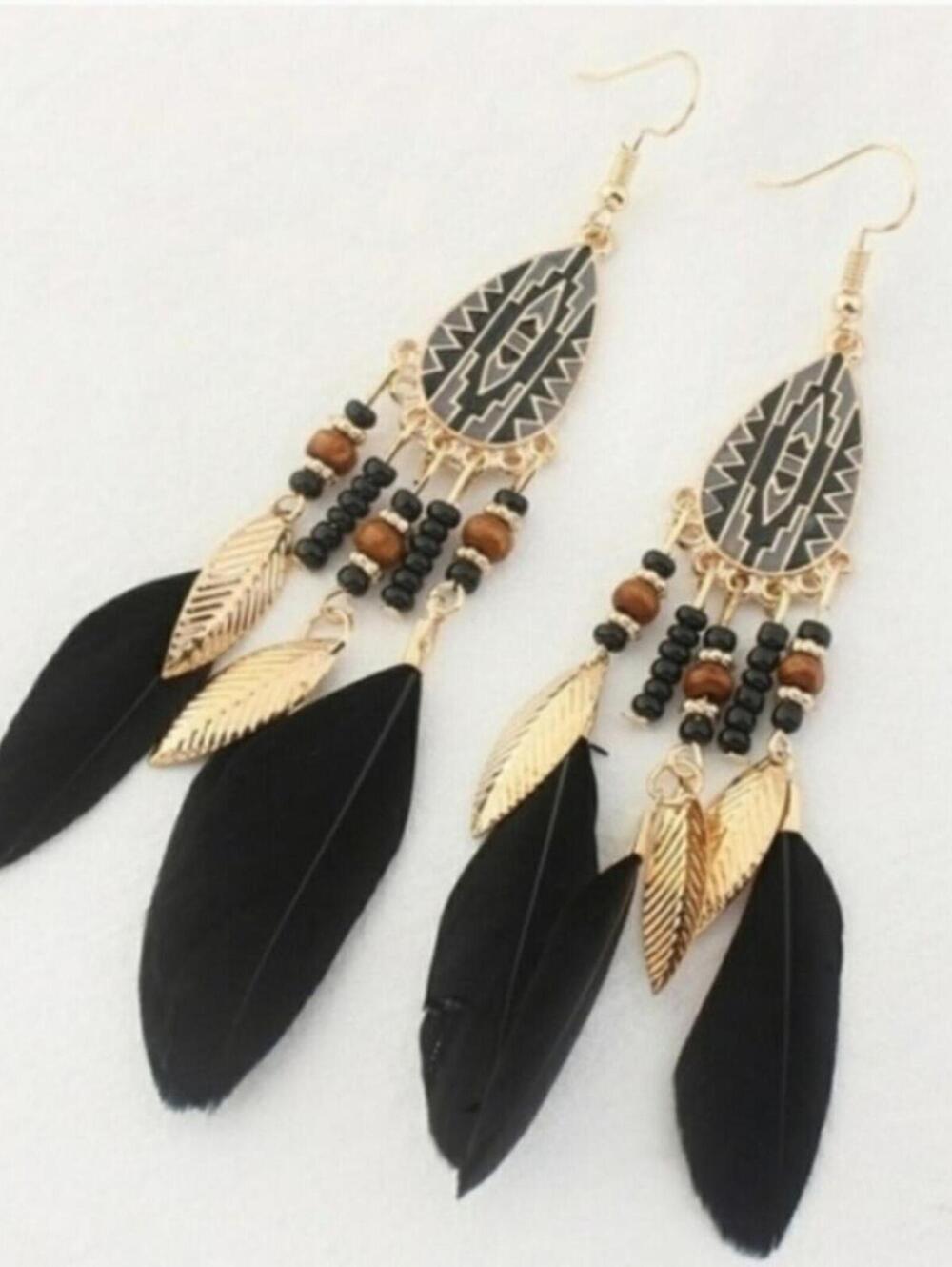 Midnight Raven Black Gold Feather Dangle Boho Hook Earrings